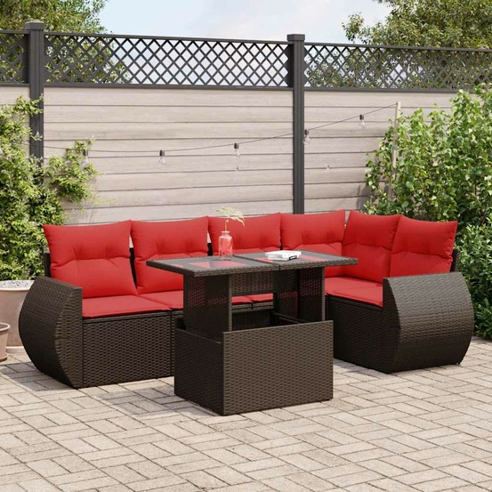 Salon de jardin avec coussins 6pcs marron résine tressée acacia