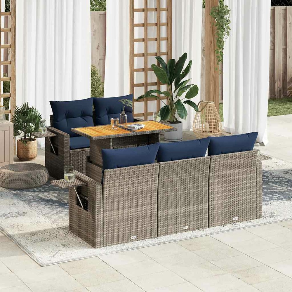 Salon de jardin 6 pcs avec coussins gris résine tressée