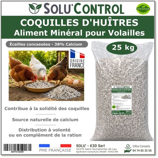 25 kg écailles de coquilles d'huîtres pour volailles (poules, oies, ...) - solu'control - aliment minéral naturel, 38% calcium