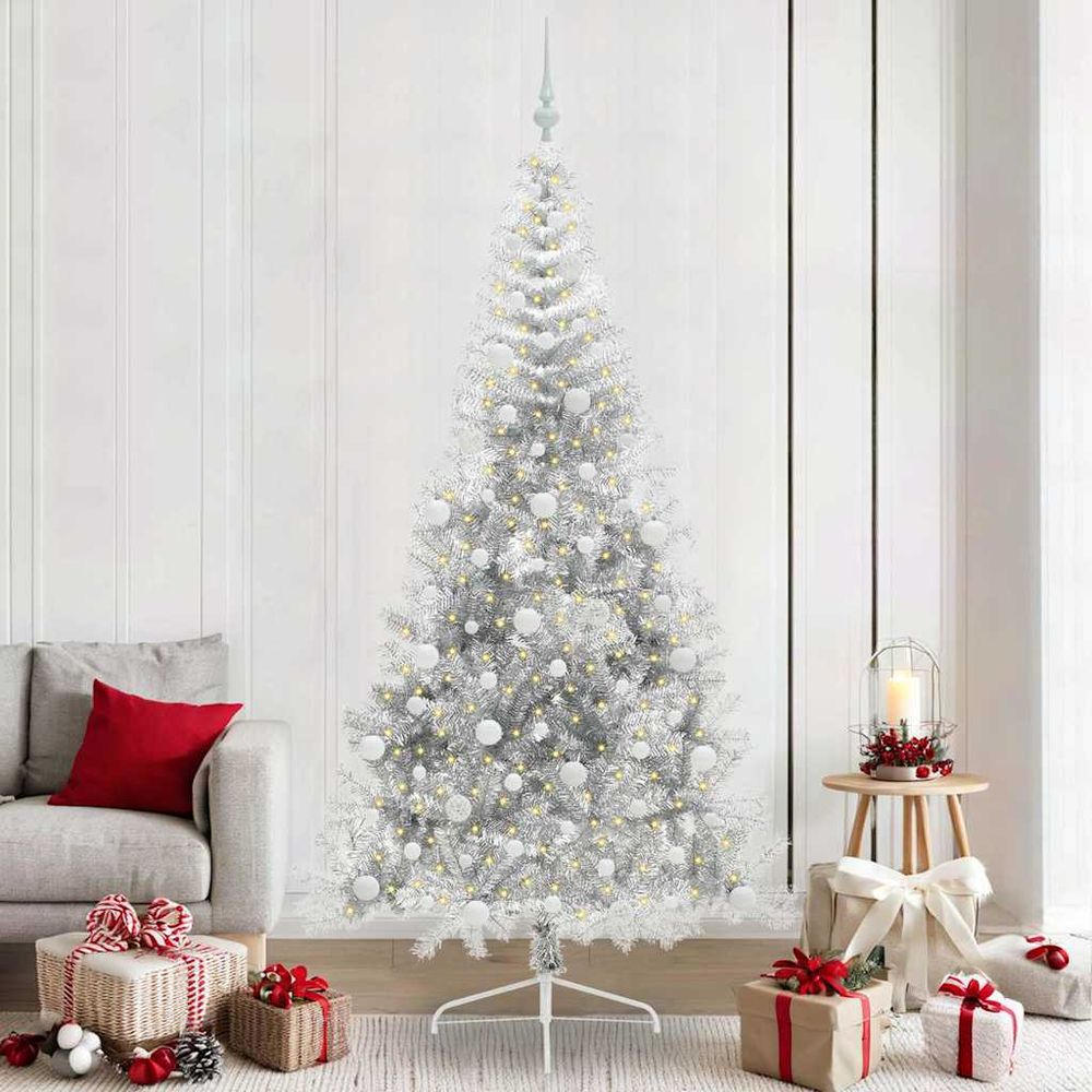Sapin artificiel haut de 240 cm couleur argent, pack complet avec lumières led et 120 boules