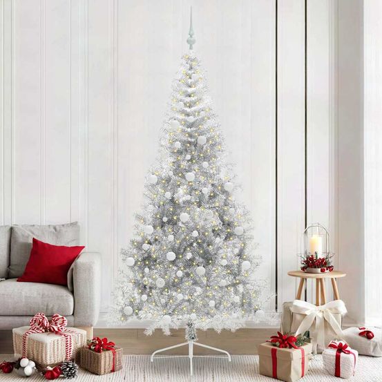 Sapin artificiel haut de 240 cm couleur argent, pack complet avec lumières led et 120 boules