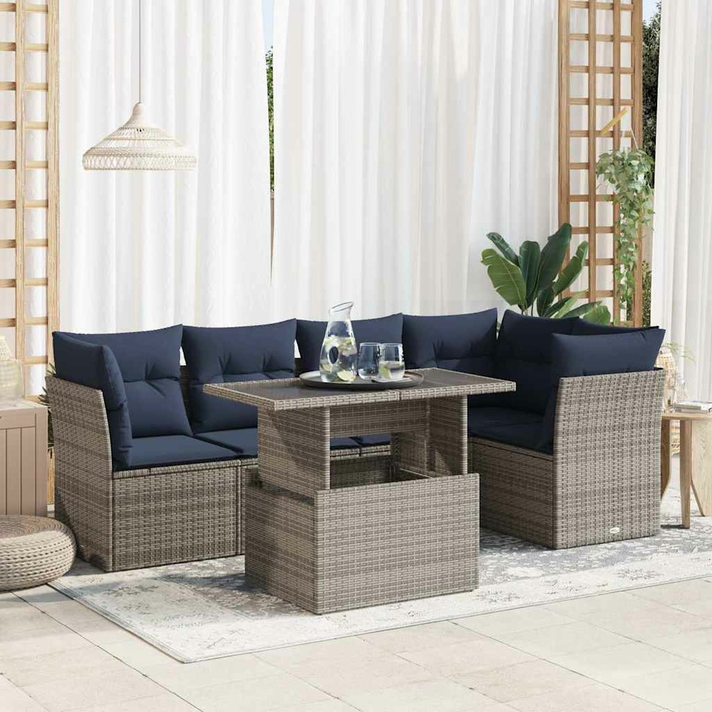 Salon de jardin avec coussins 6 pcs gris résine tressée acacia