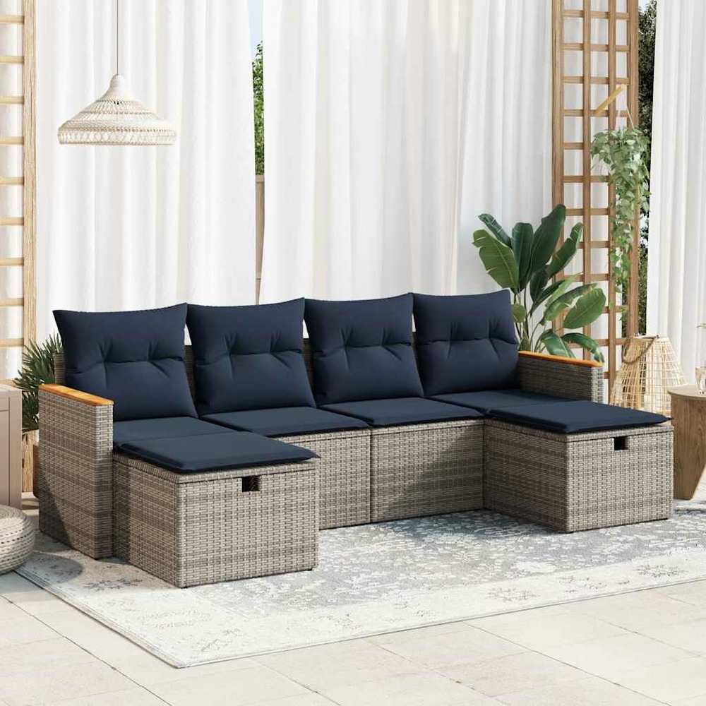 Salon de jardin 6 pcs avec coussins gris résine tressée