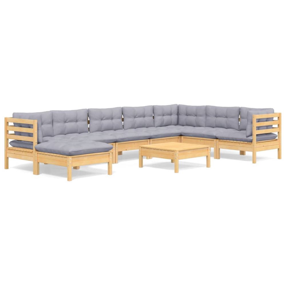 Salon de jardin 9 pcs avec coussins gris bois de pin massif