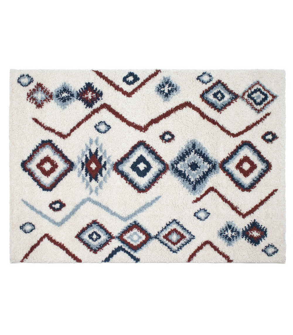 Tapis décoratif ivoire bleu et terracotta esprit berbère 120 x 170 cm