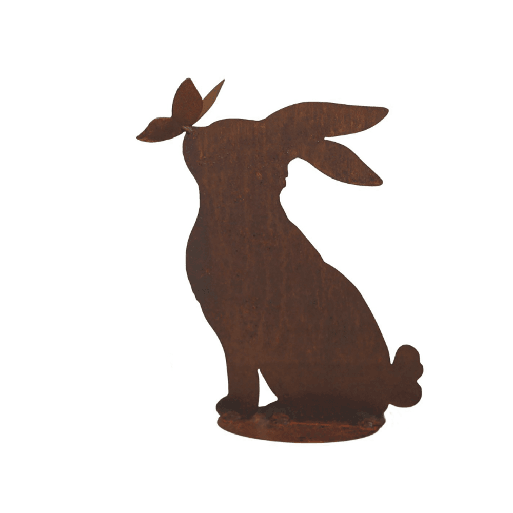 Figurine lapin bisou métal rouille : déco jardin - rouille