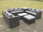Outdoor rotin garden furniture lounge sofa set avec table basse allongée et table haute latérale avec grand tabouret de pied