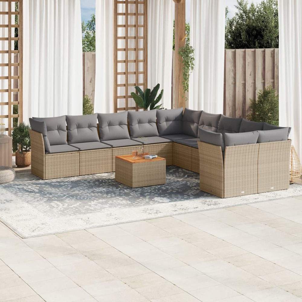 Salon de jardin 11 pcs avec coussins beige résine tressée
