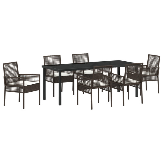 Ensemble de salle à manger de jardin 7 pièces avec coussins en rattan poly marron