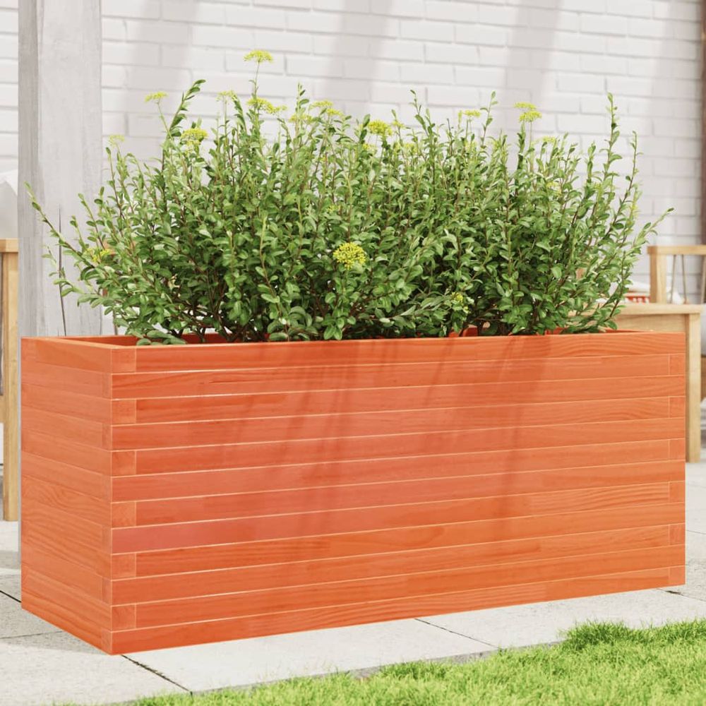 Très grande jardinière en bois cire marron pour terrasse 110x40cm