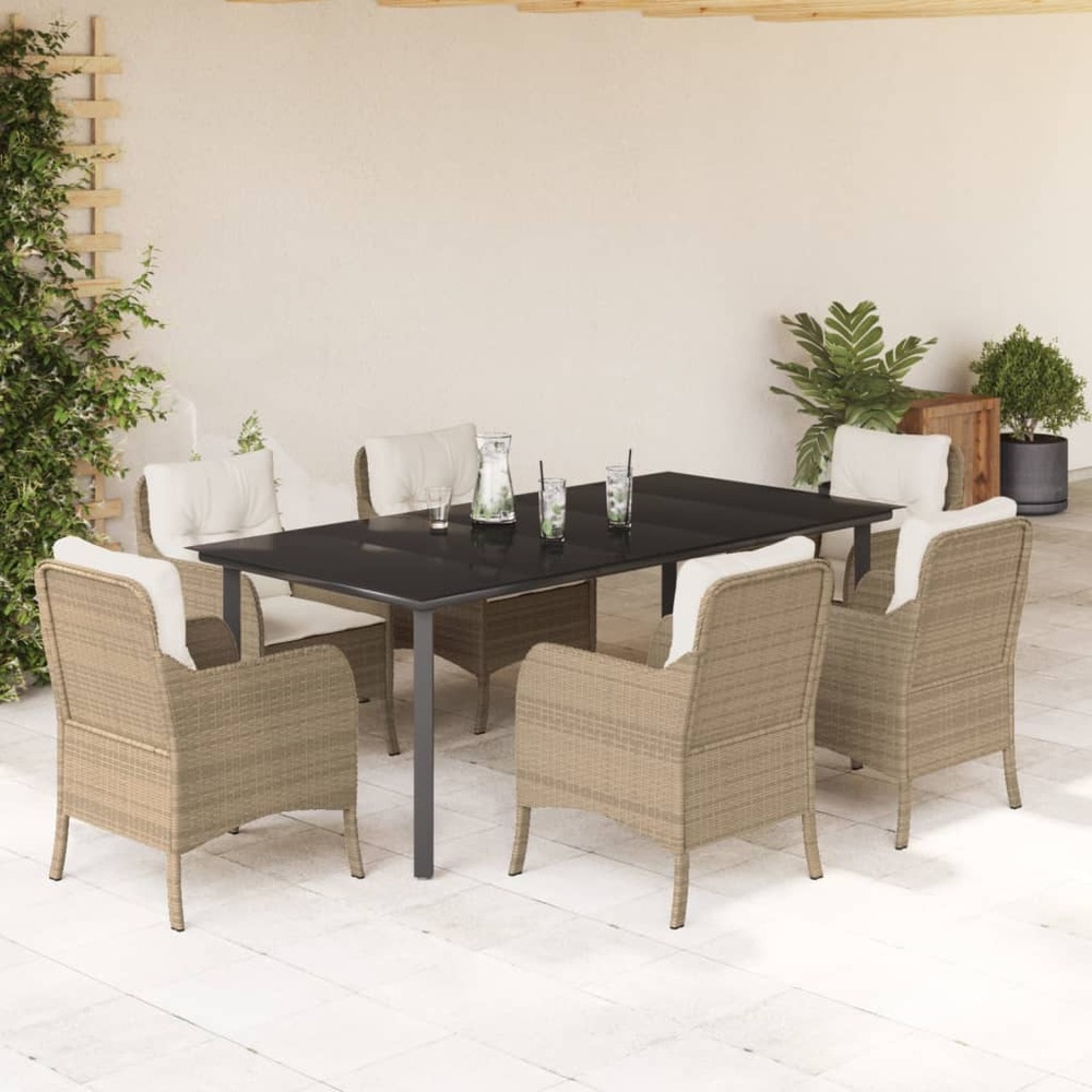 Ensemble à manger de jardin et coussins 7 pcs beige poly rotin