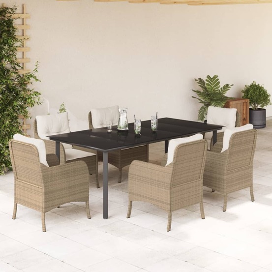 Ensemble à manger de jardin et coussins 7 pcs beige poly rotin