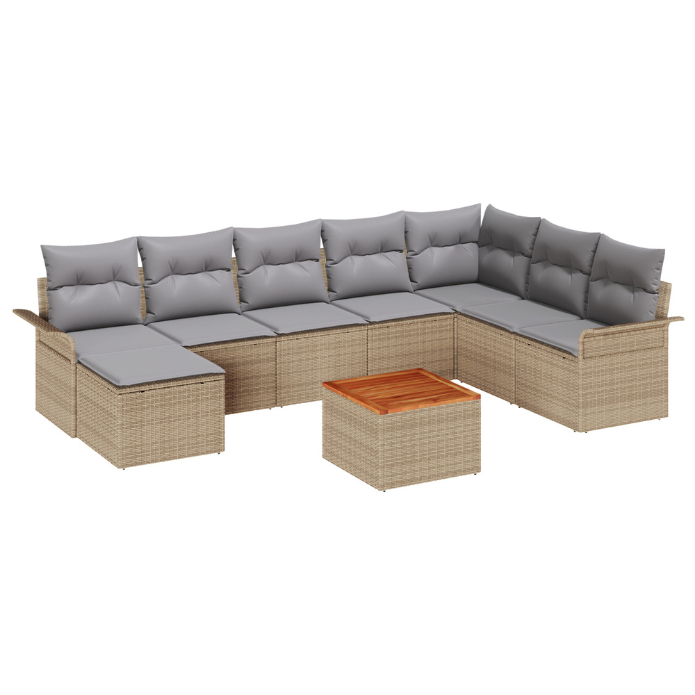 Ensemble de canapé de jardin 9 pièces avec coussins beige poly rattan acacia