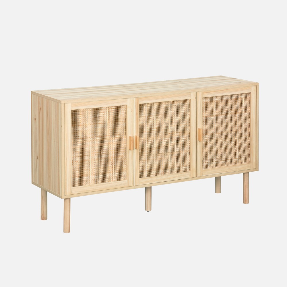 Buffet 3 portes et 3 étagères cannage et effet bois, buffet bas, l 120 x p 39 x h 70cm