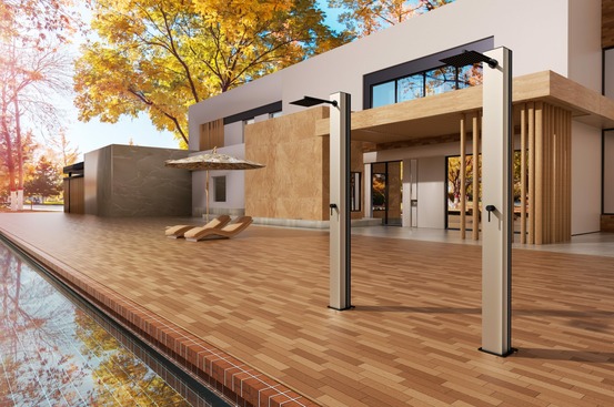 Douche solaire de piscine en acier 316 beige avec reservoir 39l et diffuseur