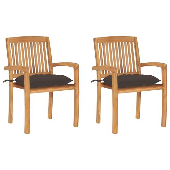 Chaises de jardin lot de 2 et coussins taupe bois teck massif