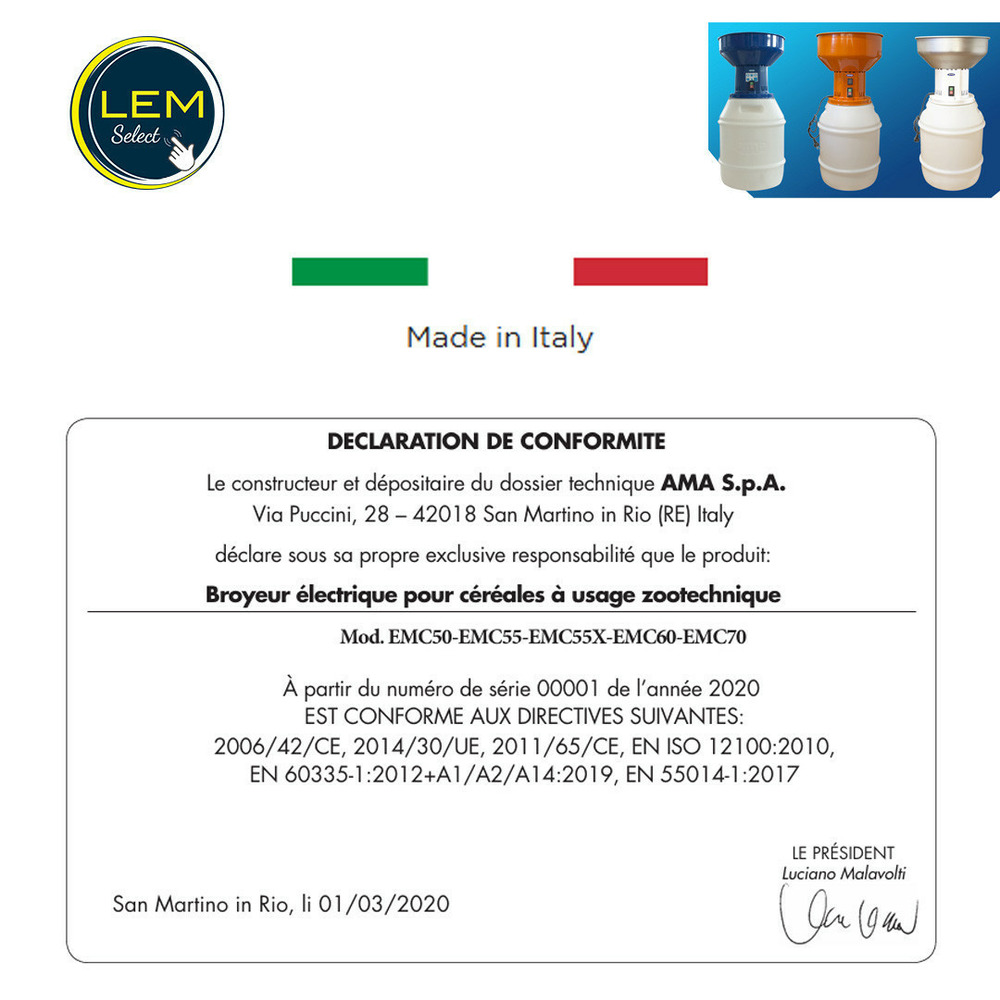 Moulin à grain aluminium pour volaille emc60 1.6 hp 220 v 50l