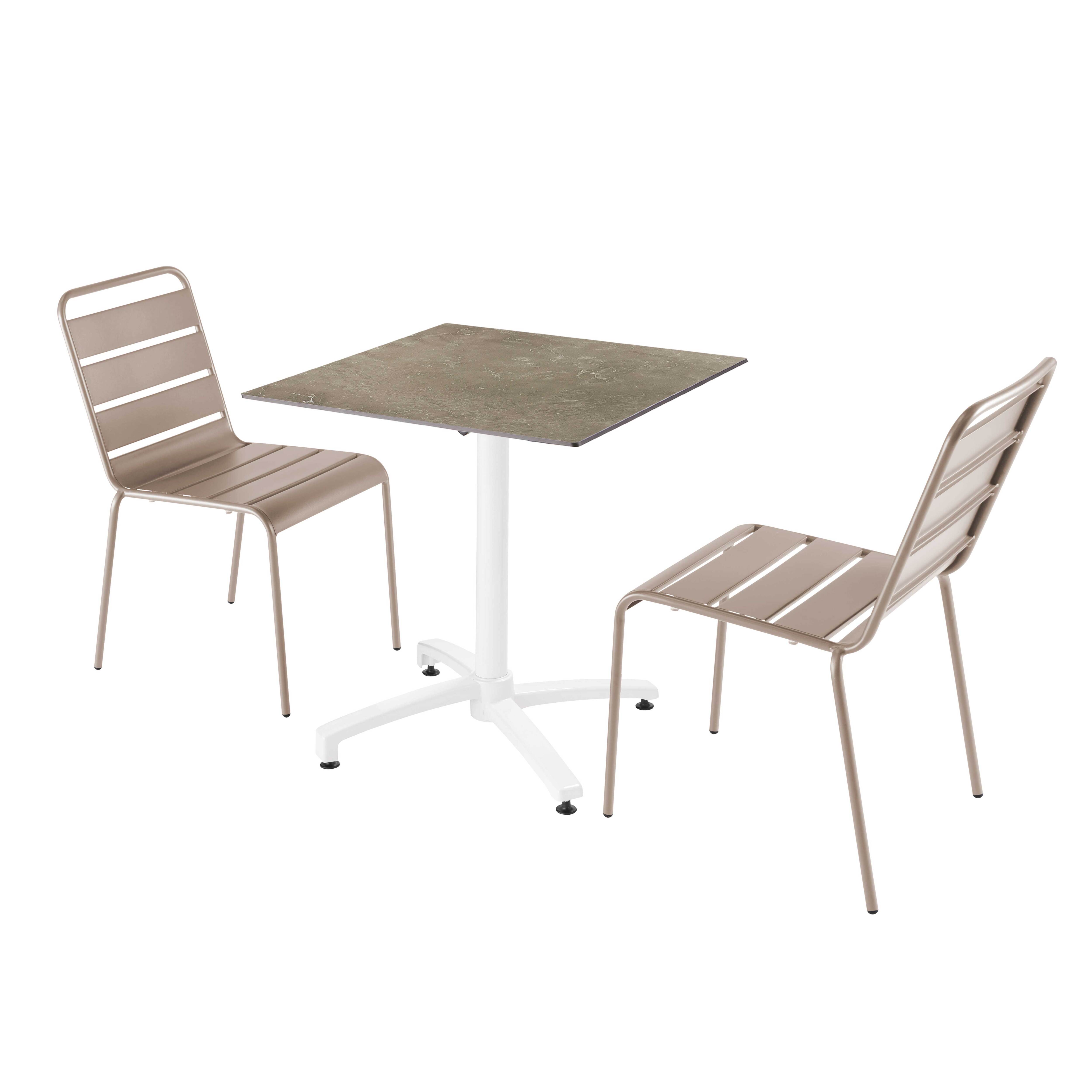 Ensemble table de terrasse stratifié marbre beige et 2 chaises taupe
