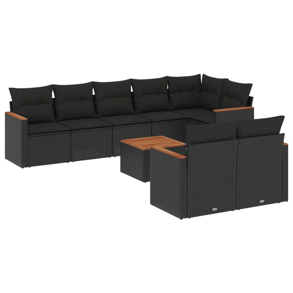 Salon de jardin 9 pcs avec coussins noir résine tressée