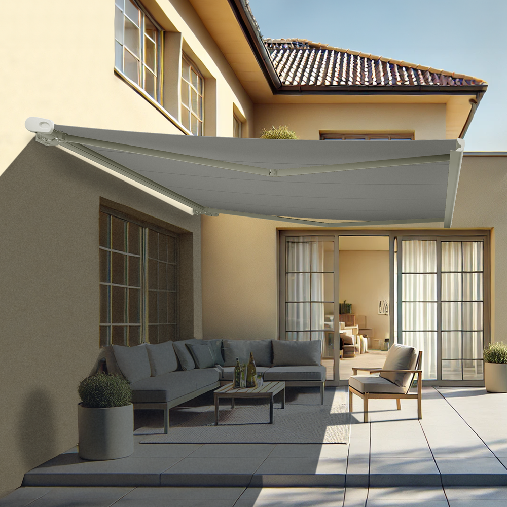 Store banne coffre yukon (motorisé à télécommande + manœuvre de secours - gris clair - blanc - 3,00 x 2,00m)