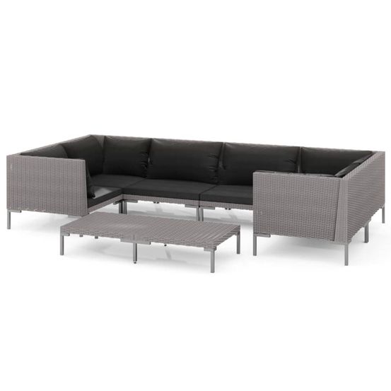 Salon de jardin 7 pcs avec coussins résine tressée gris foncé