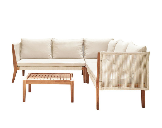 Papua - salon bas de jardin 5 places - bois, corde et coussins beiges
