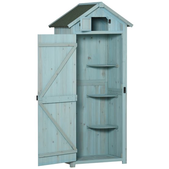 Armoire de jardin avec étagères et fenêtres, bois bleu clair+vert, toit en asphalte 77×54,2×179 cm