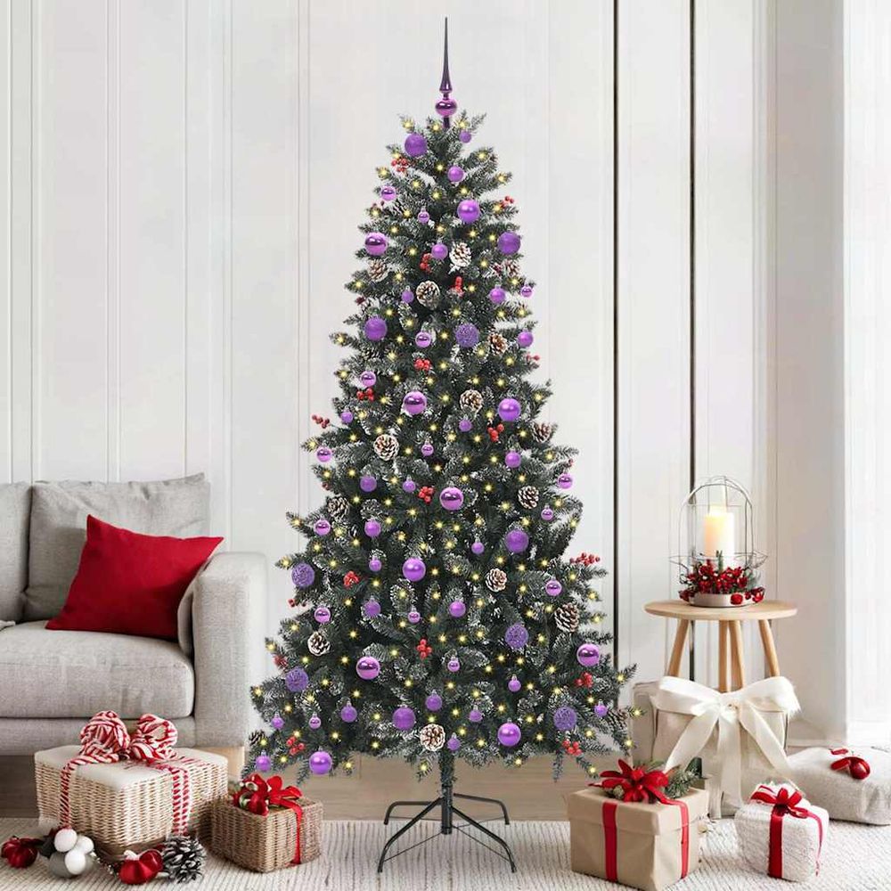 Grand sapin de fêtes artificiel 210cm vert, décoration neige, 300 led et 120 boules festives