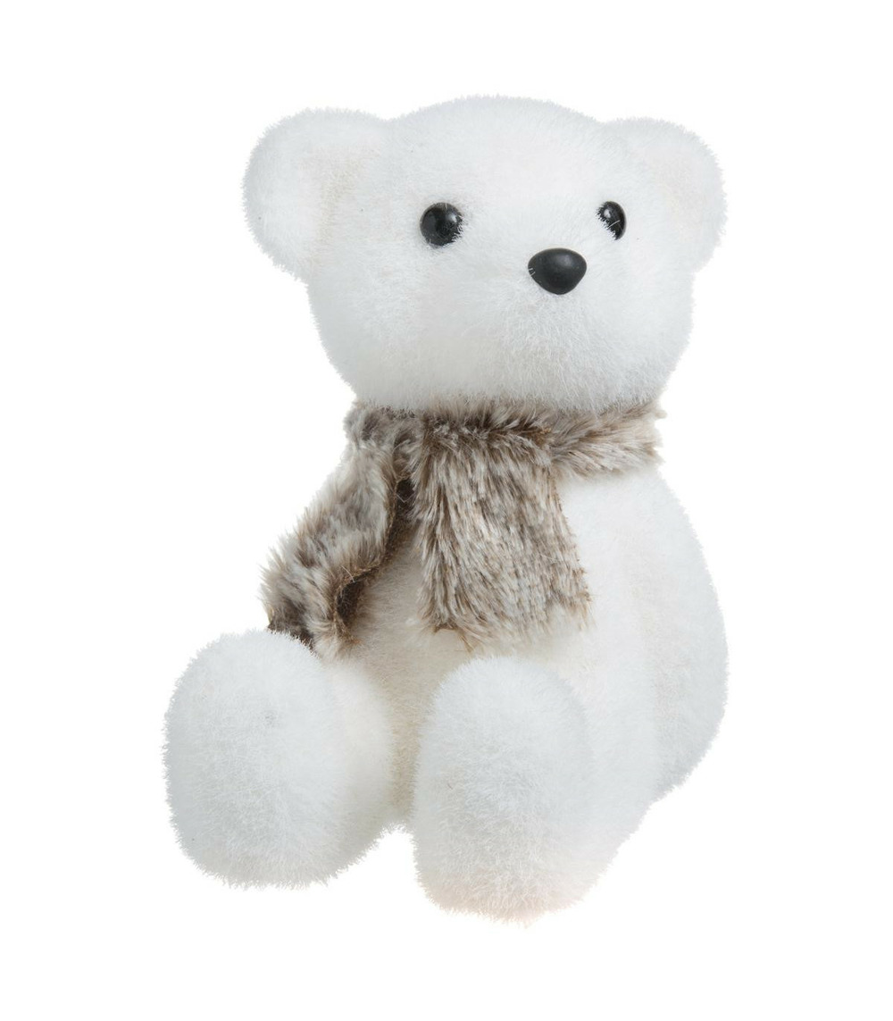 Déco de noël ours blanc assis avec écharpe fourrure marron h 19 cm