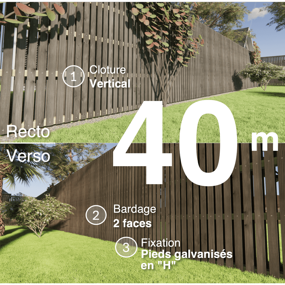 Kit clôture bois moderne 40m – h 2,3m – 20 x 70 mm noir par trempage – pose vertical – double face – support galva