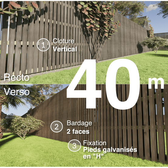 Kit clôture bois moderne 40m – h 2,3m – 20 x 70 mm noir par trempage – pose vertical – double face – support galva