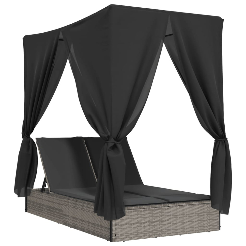 Chaise longue double avec toit et rideaux gris résine tressée bain de soleil