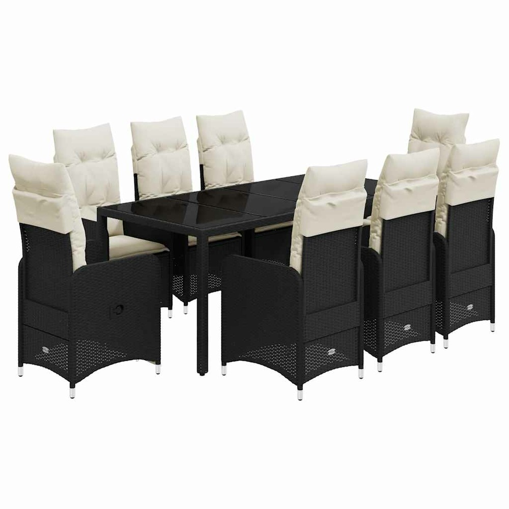 Ensemble de bistro de jardin 9 pcs coussins noir poly rotin