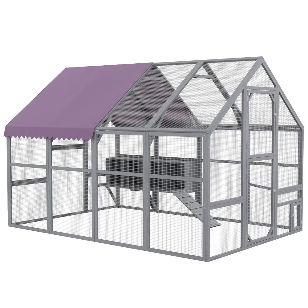 Enclos poulailler bois gris 280 x 185,5 x 188 cm pour 8 à 12 poules avec pondoir