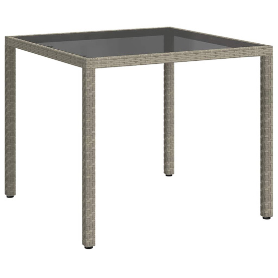 Table de jardin 90x90x75 cm verre trempé et résine tressée gris