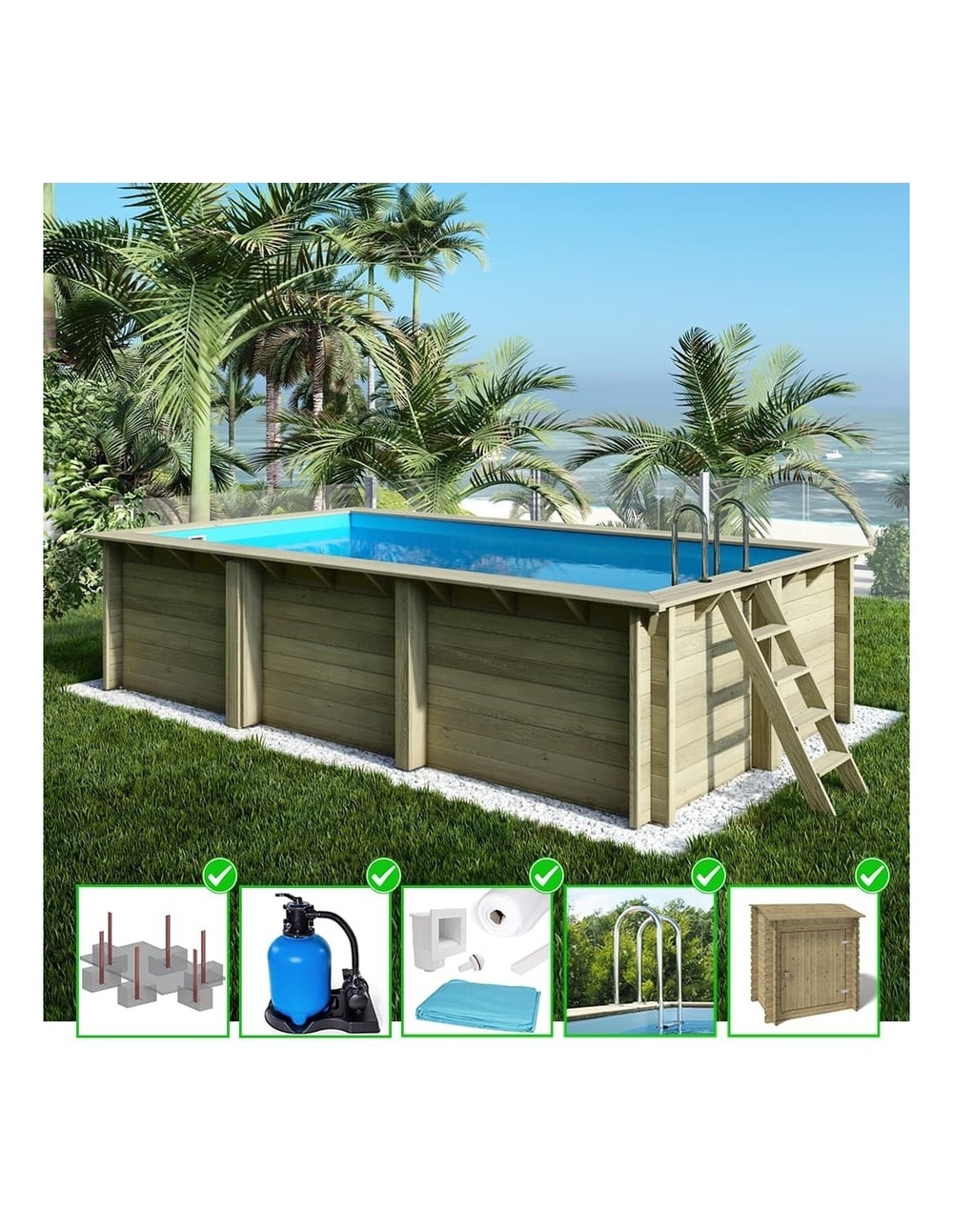 Piscine en bois aqua 6,1x2,85 - h.1,31 m fixations à sceller - bas7307ospi+sza - altanka