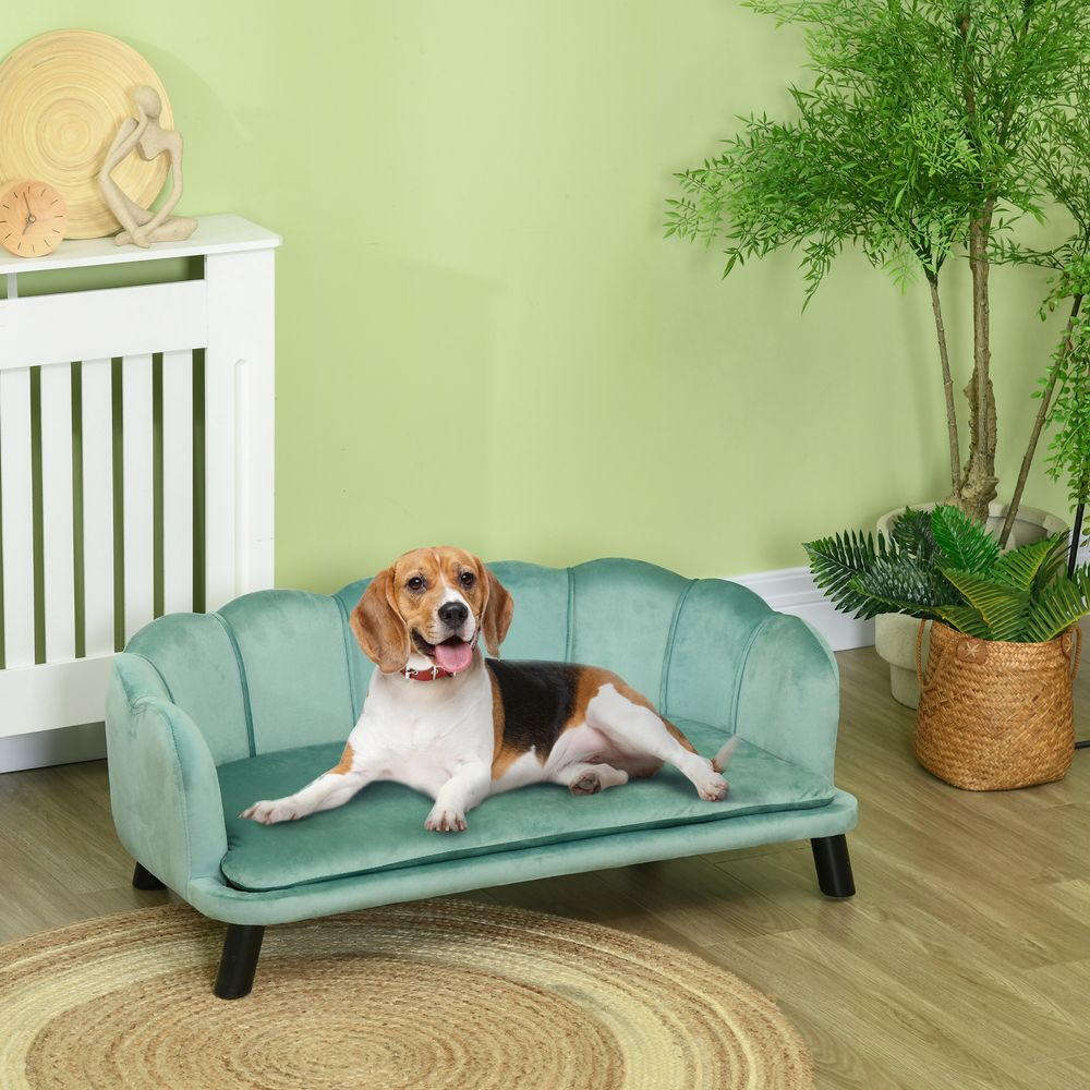 Canapé pour chien en polyester vert 98,5 x 60,5 x 35,5 cm sur pieds bois repos surélevé jusqu’à 25 kg