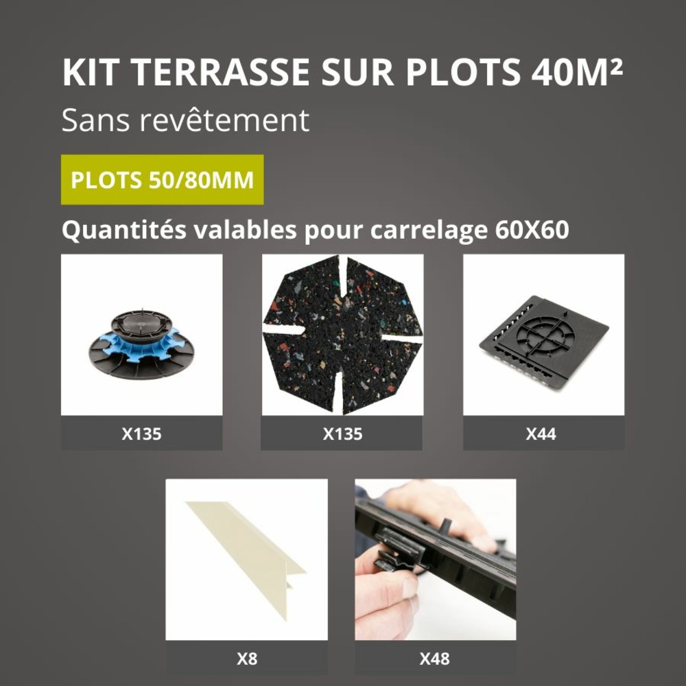 Kit terrasse sur plots sans revêtement 40m² - finition blanc perle - 50/80 mm - jouplast