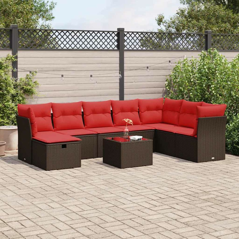 Salon de jardin avec coussins 9 pcs marron résine tressée