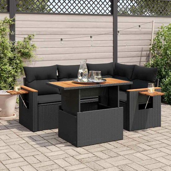 Salon de jardin 5 pcs avec coussins noir résine tressée acacia