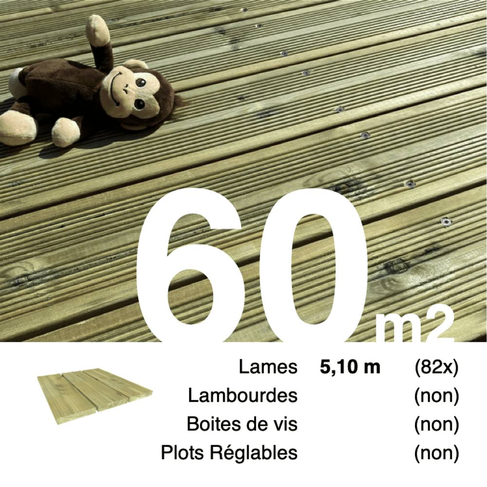 Planches de terrasse pin autoclave vert pour 60 m², longueur 5,1 m.