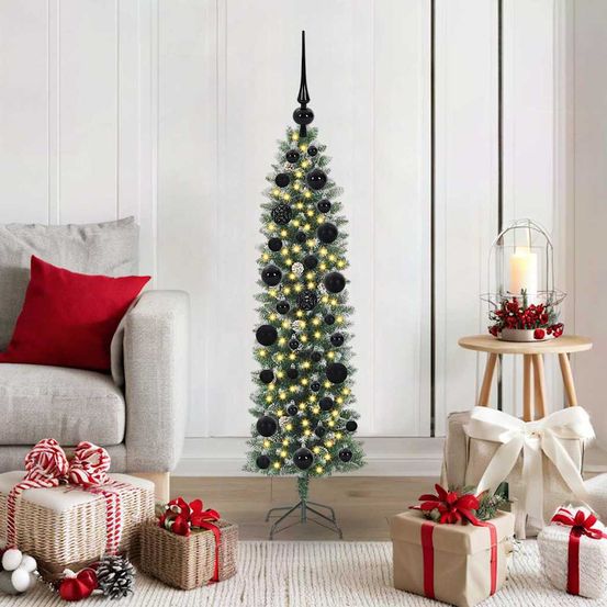 Petit sapin de noël fin 120 cm effet neige, décoré et pré-illuminé avec 150 led blanc chaud