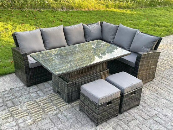 High back rotin meubles de jardin coin canapé set réglable table élévatrice gris foncé mixte 8 places coin droit