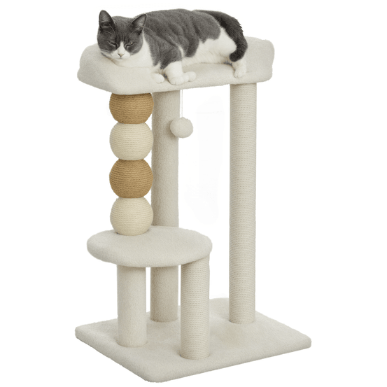 Petite tour arbre à chat bois et peluche jute pour grands chats repos jeux 76cm beige