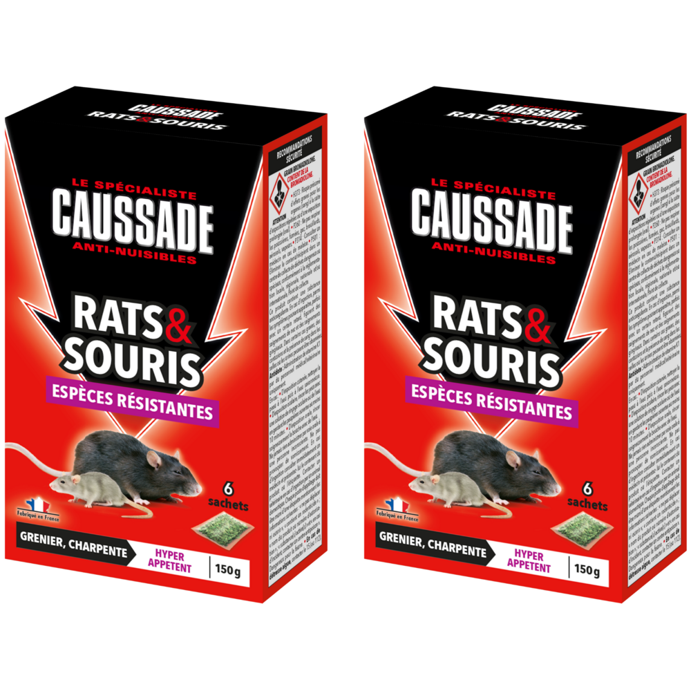 Caussade anti-rats & souris – 12 sachets céréales prêts à l’emploi, espèces résistantes, usage lieux secs, 2x150g