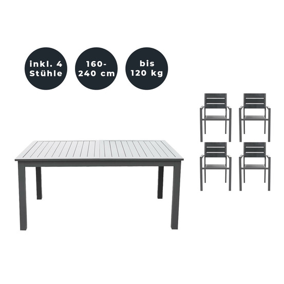 Home deluxe - table de jardin extensible - casa - env. 160 (240) x 100 x 74 cm - avec 4 chaises, piètement et plateau en aluminium -