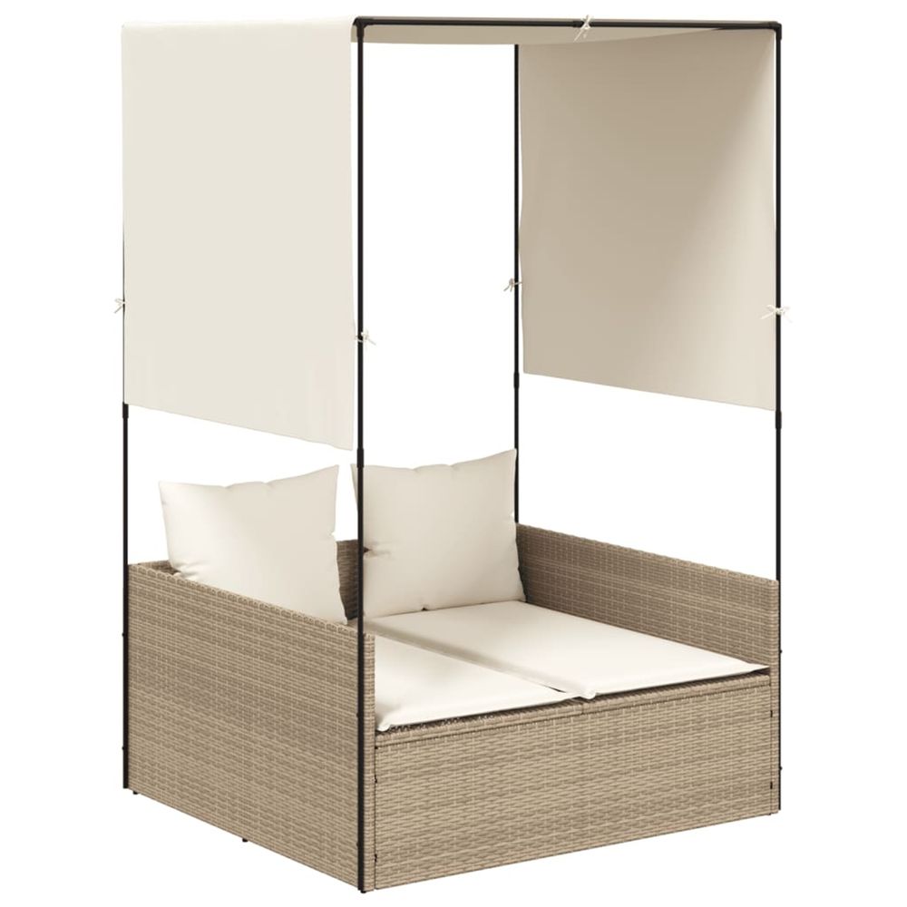 Chaise longue double avec toit et rideaux beige résine tressée bain de soleil