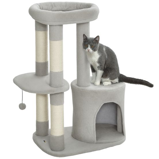Arbre à chat compact avec griffoirs sisal niche spacieuse et lit douillet 90 cm gris clair