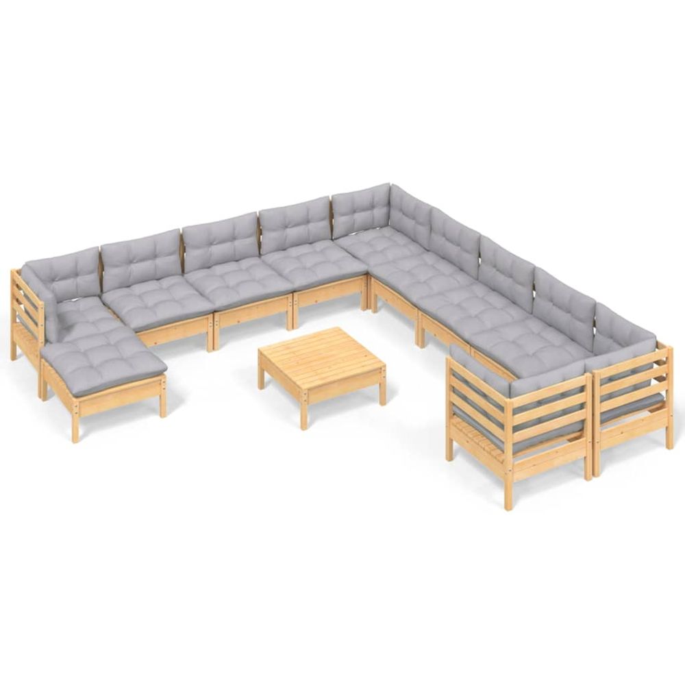 Salon de jardin 12 pcs avec coussins gris bois de pin