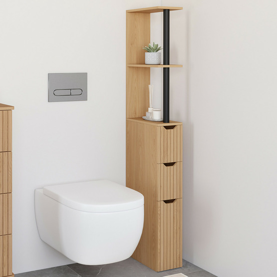 Meuble wc étagère bois juliette 3 portes lattes tasseau bois coloris chêne